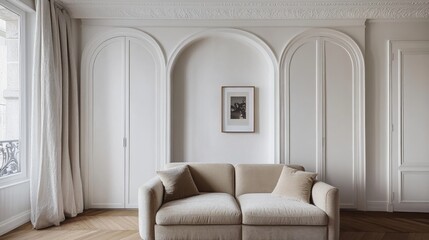 Fototapeta premium Elegant living room with arched alcoves, beige sofa, and hardwood floors.