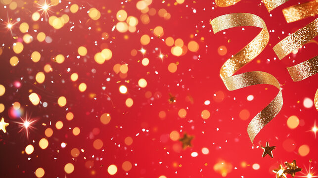 Red Festive Background with Gold Confetti and Shimmering Ribbons