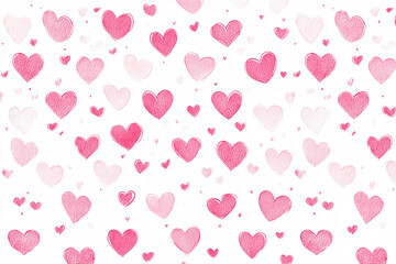 Seamless pattern of pink watercolor hearts in varying shades scattered evenly on a white background symbolizing love  
