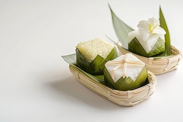 Three portions of sweet sticky rice in palm leaf cups, arranged on woven baskets.