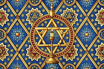 Festive Jewish Symbols: Star of David & Menorah Pattern - Stock Photo