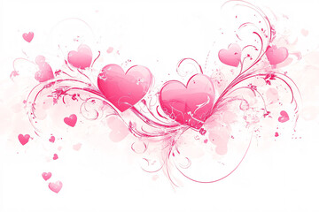 a swirled pink heart design with ornate flourishes and small hearts scattered on a white background  
