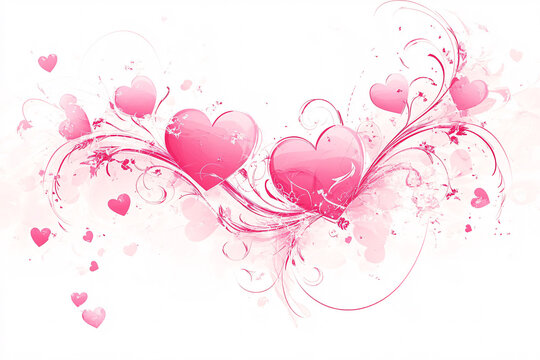 a swirled pink heart design with ornate flourishes and small hearts scattered on a white background  
