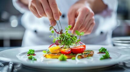 A chef garnishing a colorful dish with fresh herbs and vegetables.