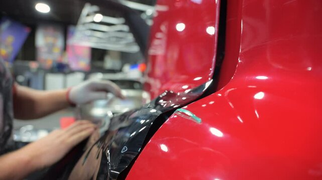 Process of black PPF film installation to a truck side. Close up footage of applying a film on a car. 