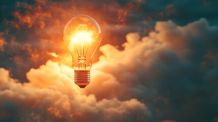 Glowing Lightbulb in Sunset Clouds 3D Illustration