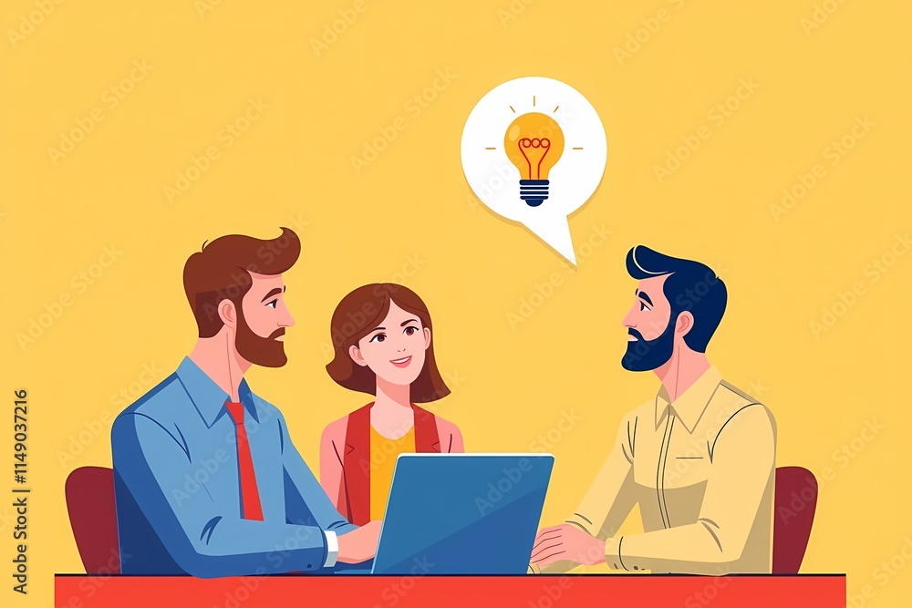 Poster brainstorming with a lightbulb: a team of diverse professionals collaborates on a new idea in a vibr