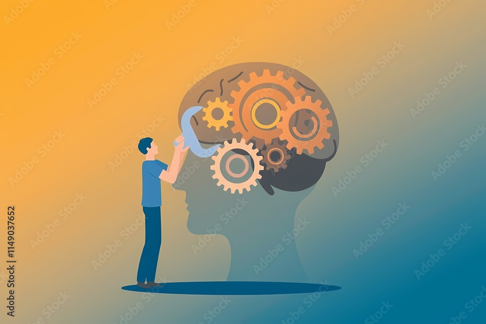 Poster mind mechanics: a stylized illustration depicts a man meticulously adjusting the intricate gears wit