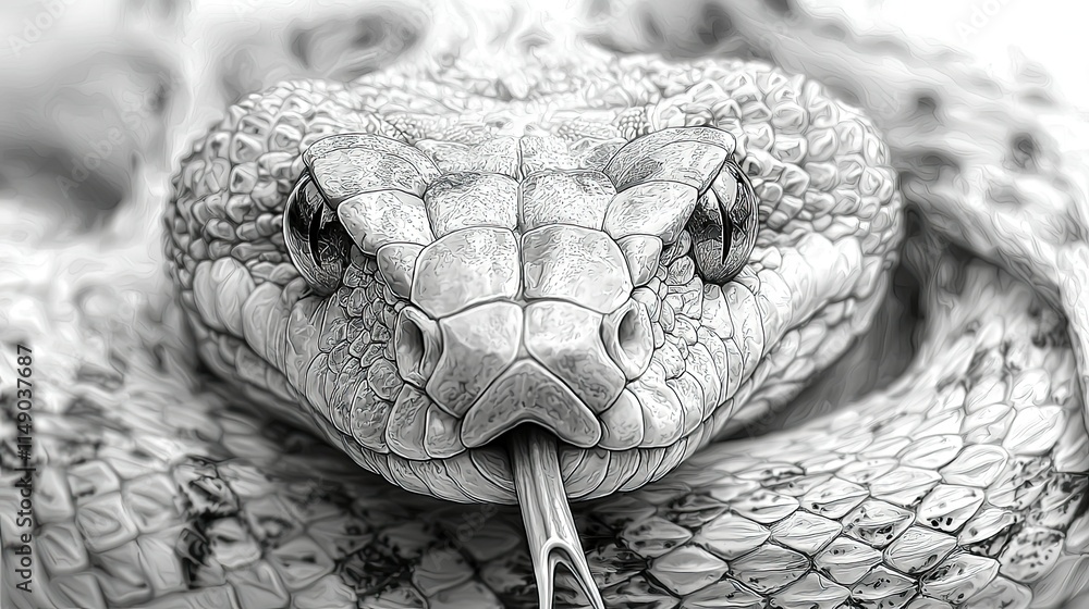 Poster close-up of a snake with a textured scale pattern and flicking tongue.