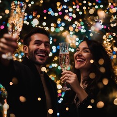 A happy couple cheers with sparkling drinks during a celebration.