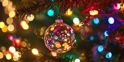 A decorative bauble reflects vibrant lights on a tree.