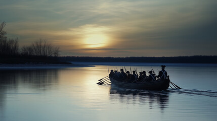 Revolutionary soldiers row across the river at sunset, symbolizing the historic Delaware River crossing during the American Revolution