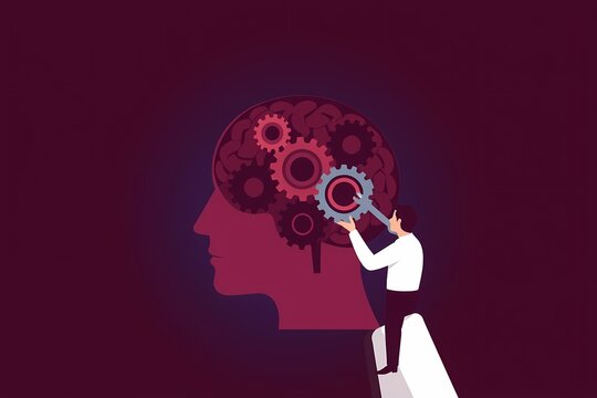 Mind Power:  A businessman meticulously works on a giant brain with gears, symbolizing the power of thought, innovation, and problem-solving.  