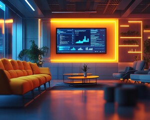 A bright corporate lounge where glowing screens display group contributions during a collaborative conference session