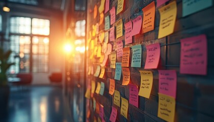 Fototapeta premium A bright coworking space with glowing sticky notes and visual boards streamlining agenda organization