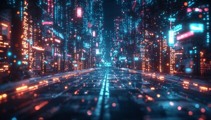 Obraz premium Futuristic Cityscape Illuminated By Vibrant Neon Lights