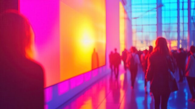 A bright hall with glowing visuals encouraging active engagement during a conference session, natural light enhancing the mood