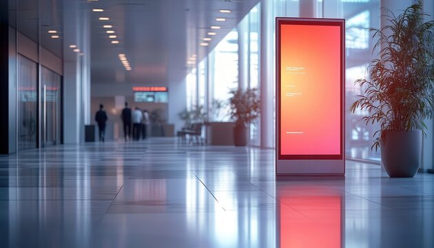 A bright office lobby where a glowing digital kiosk displays the conference schedule for arriving attendees