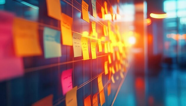 A bright office with glowing sticky notes summarizing key minutes from the planning session, natural light energizing the space