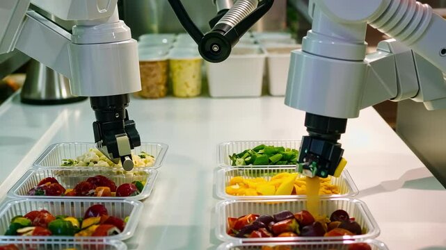 An automated robotic system precisely assembling ingredients into prepackaged meal kits with vibrant and colorful items being carefully p in containers.