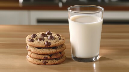 A cozy composition of a glass of milk and a stack of golden-brown chocolate chip cookies on a wooden table. The setup exudes comfort and classic homemade dessert vibes