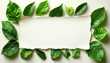 Fototapeta premium Green leaves frame a blank torn paper space