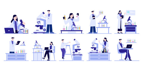 Science Research concept flat illustration set. Includes of Scientists conducting experiments, Presenting scientific discoveries, and Collecting field data. Vector illustration isolated transparent ba