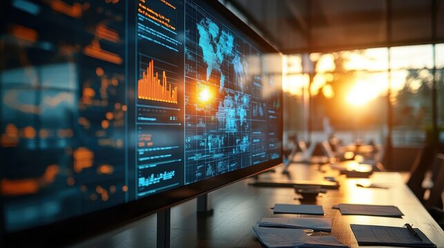 A glowing strategy organizer displayed on a wallmounted screen in a sunny meeting space, surrounded by whiteboards and notes