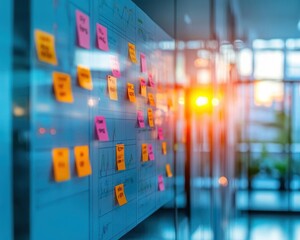 Fototapeta premium A glowing tracker for meeting goals displayed on a wall in a sunny office, participants celebrating milestones achieved