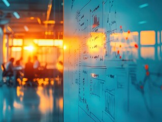 Obraz premium A glowing whiteboard filled with discussion points in a bright room, sunlight highlighting team members sharing ideas