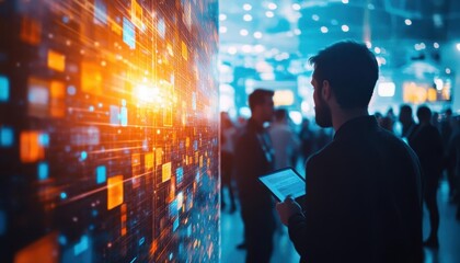 A lively networking session in a bright hall, glowing agendas displayed on participants  devices as they exchange ideas