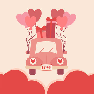 simple valentines day card with pink car, ballona and present boxes, flat vector illustration, perfect for your holiday background, textile, greeting card, wrapping