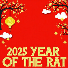 Naklejka premium 2025 Year of the Rat Festive Red Background with Yellow Blossoms and Lantern
