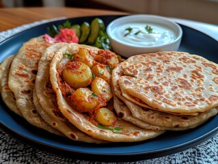 Delicious potato curry served in layered flatbreads, garnished with yogurt and pickles.