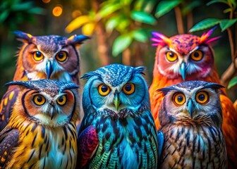 Five Vibrant Owls: A Majestic Group Portrait