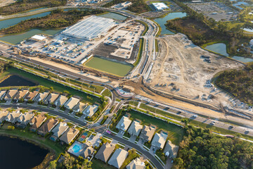 Roundabout intersection construction in North Port, Florida. Development of American road circle...