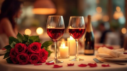 Fototapeta premium Romantic Dinner for Two in a Beautifully Lit Indoor Setting During a Festive Evening