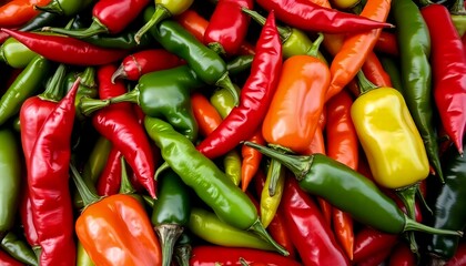 Red and green bell peppers on a wooden surface