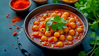 A bowl of chickpea curry with tomatoes, onions, and herbs