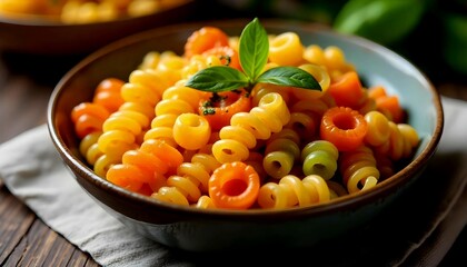 A bowl of colorful pasta salad with macaroni, carrots, olives, and fresh basil leaves