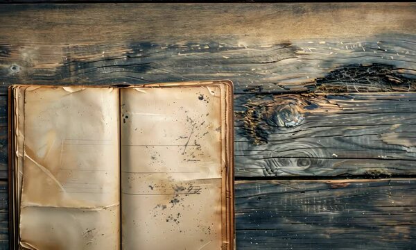 Aged open book with blank pages on rustic wooden background