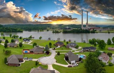 Thermal power plant polluting air burning coal fossil fuel for production of electrical energy....