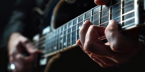 A close-up of a guitarist's hands playing an electric guitar, showcasing musical artistry.