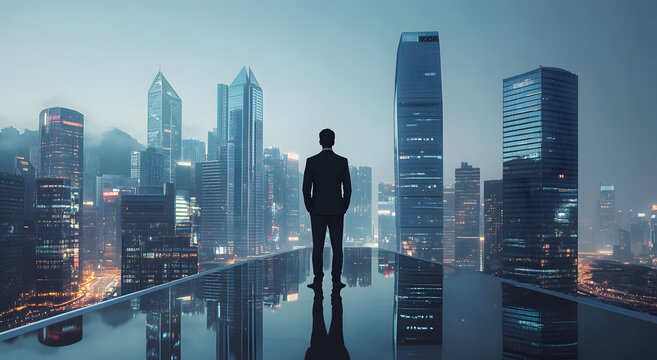 Business man standing near cityscape. The concept of business, city life and future. Business technology panorama. Businessman on future city background and futuristic skyscrapers.