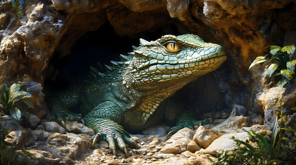 Mystical basilisk guardian of hidden cave entrance in ultra-detailed 3d render. Basilisk. Illustration
