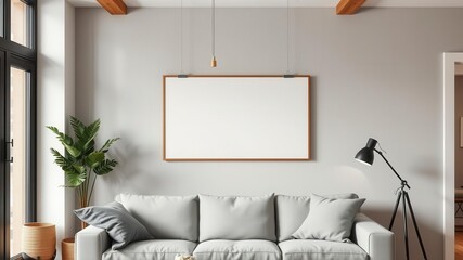 A poster mockup hanging on clips on a brick wall in a cozy home interior, cozy, hanging, modern