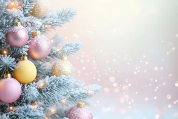 Christmas ornaments on snow with pine branches and bokeh lights in the background, pastel colors