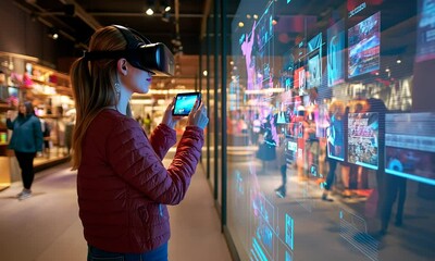 Immersive Retail Experience: Woman using VR headset and phone in futuristic store