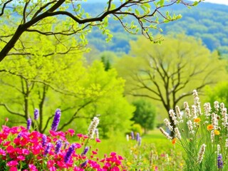 Obraz premium Beautiful and vibrant outdoor background with trees, flowers, and a flowing river, serene, nature