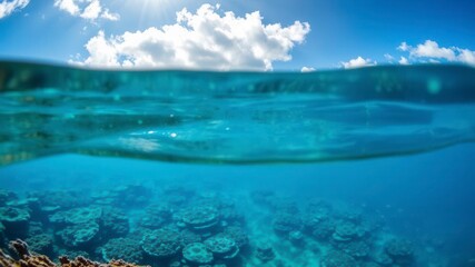 Obraz premium Blue sea with crystal clear water reflecting the sunny and cloudy sky above, revealing a vibrant underwater world of colorful coral reefs and marine life, reflection, crystal clear, surface